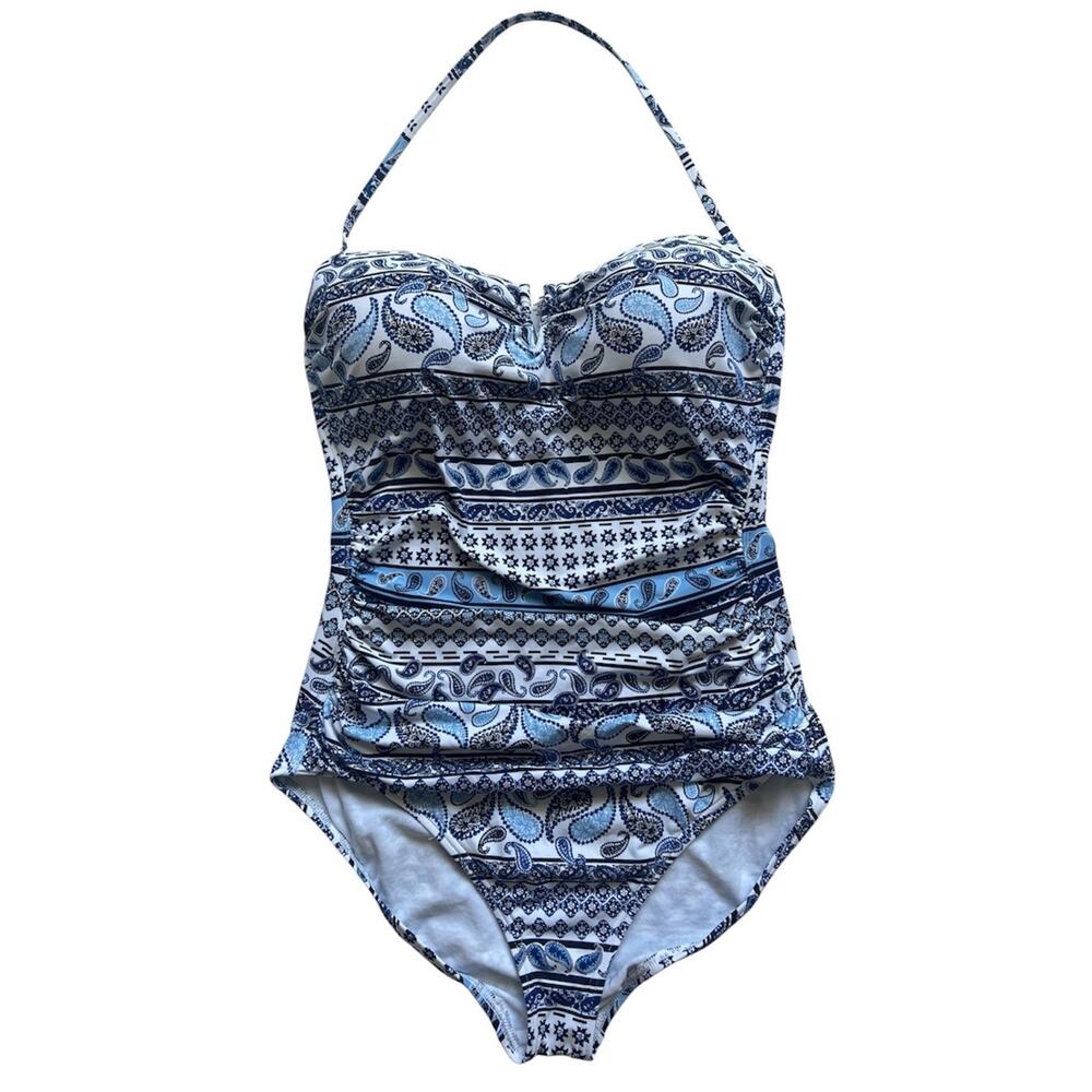 Tommy Bahama Swimsuit Womens 12 Blue Paisley Ruched Removeable Neck Tie Padded